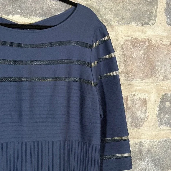 Tadashi Shoji Too Navy Blue Dress 1X Plus Size‎ Pleated Mesh Trim Party Formal